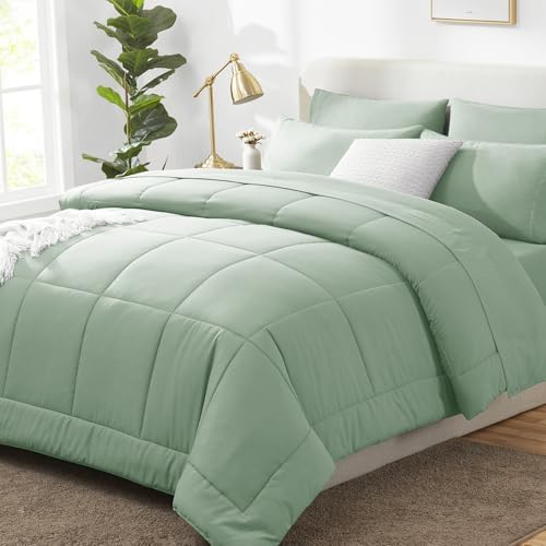 CozyLux Queen Comforter Set Sage Green - 7 Pieces Bed in a Bag