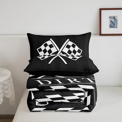 Erosebridal Boys Comforter King Dirt Bike Bedding Set, Extreme Sport Down Comforter Teens Adults Motocross Bed Set, Black White Grid Quilted Duvet, Black Reversible 3pcs Breathable