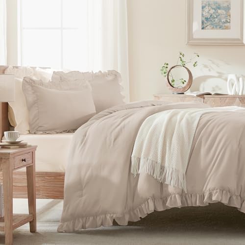 Andency Khaki Queen Comforter Set, 3 Pieces Farmhouse Shabby Chic Bedding