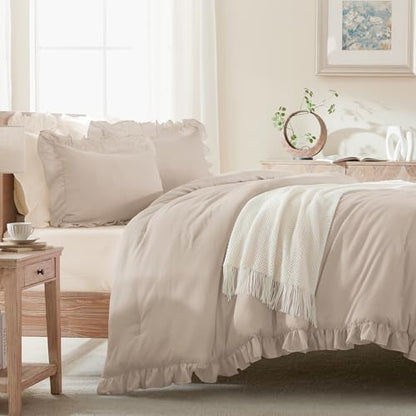Andency Khaki Queen Comforter Set, 3 Pieces Farmhouse Shabby Chic Bedding