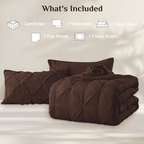 JOLLYVOGUE Twin Comforter Set 5 Pieces - Bed in a Bag Twin for All Season, Pintuck Bedding Comforter Sets with Comforter, Flat Sheet, Fitted Sheet and Pillowcases & Shams, Dark Brown