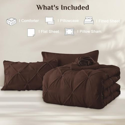 JOLLYVOGUE Twin XL Comforter Set 5 Pieces - Bed in a Bag Twin XL for All Season, Pintuck Bedding Comforter Sets with Comforter, Flat Sheet, Fitted Sheet and Pillowcases & Shams, Dark Brown