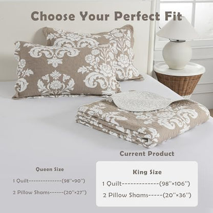 King Size Bedding Set - 3-Piece Lightweight Reversible Quilt Set in Cotton, Farmhouse Floral, Khaki, for All Seasons