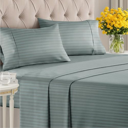Full 4 Piece Striped Sheet Set - Breathable & Cooling - Greeny Stripes