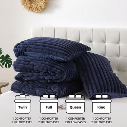 Smoofy Fluffy King Size Comforter 3 PCS - Navy Blue Fleece Bedding Set
