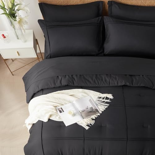 Yogeneg Full Size Comforter Set 7 Piece Bed in a Bag,Grid Pinch Pleat Black Bedding Set,Striped Textured Soft Microfiber Comforter with Sheet Set,All Season Complete Bed Set(Black,Full)