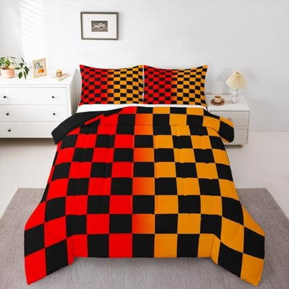 Checkered Retro Bedding Set for Boys Girls Geometric Vintage Comforter Set Toddler Size Red Yellow Duvet Quilt Modern Groovy Aesthetic Bedroom Decor 2 Pcs with 1 Pillow Cases