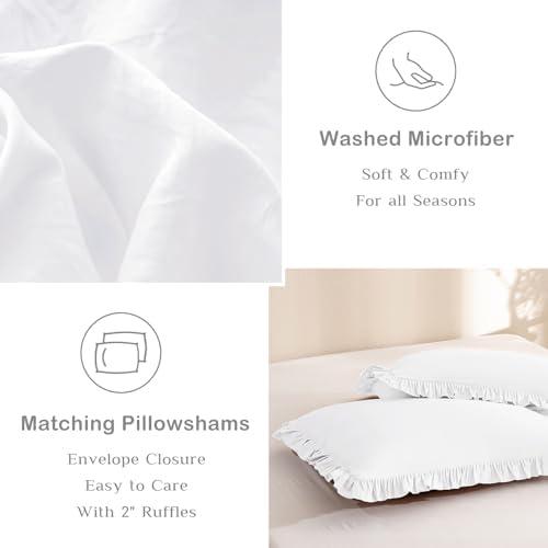Masaca Ruffled Queen Comforter Set,Farmhouse Shabby Boho Chic Bedding Ultra Soft Fluffy French Country Ruffle Comforter Set 3-Piece (1 Bright White Comforter+2 Ruffle Pillow Shams)