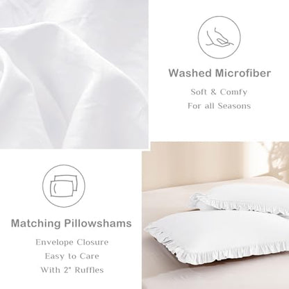 Masaca Ruffled Queen Comforter Set,Farmhouse Shabby Boho Chic Bedding Ultra Soft Fluffy French Country Ruffle Comforter Set 3-Piece (1 Bright White Comforter+2 Ruffle Pillow Shams)