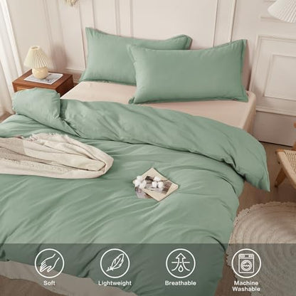 SAPHREAS 100% Washed Cotton Duvet Cover Full Size Set, Linen Like Comforter Cover with Zipper Closure & Corner Ties (No Comforter), 80x90 Sage Green