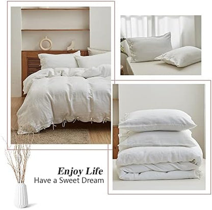 Simple&Opulence 100% Linen Duvet Cover Set 3pcs with Bowknot Ties Closure Natural French Washed Flax Solid Color Soft Breathable Farmhouse Bedding - White, King Size