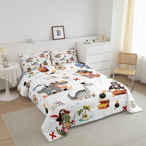 Homewish Pirate Dinosaur Kids Comforter Set Full Size for Boys,Sea Nautical Map Theme Bedding Sets 3Pcs,Child Teens Bedroom Decor,Cartoon Animals Quilt Set Ocean Adventure Duvet Insert,2 Pillowcases