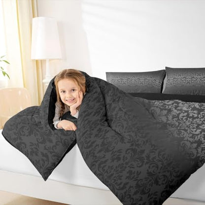 jejeloiu Gothic Damask Bedding Set Soft for Boys Girls, Vintage Jacquard Comforter Set Toddler Size Black Exotic Floral Duvet Quilt Microfiber Antique Classic Bedroom Decor 2 Pcs with 1 Pillow Cases