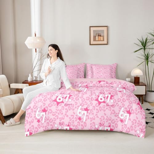 Erosebridal Pink Leopard 7 Piece Bedding Set Twin Size for Girls 67 Number Print Kids Comforter Set Cute Girly Six Seven Bed in A Bag African Cheetah Print Trendy Fashion Bed Set