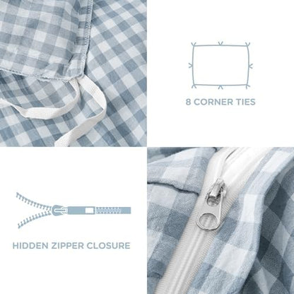 ATsense Blue Gingham Ruffle Duvet Cover Set Cotton Like Linen, Queen