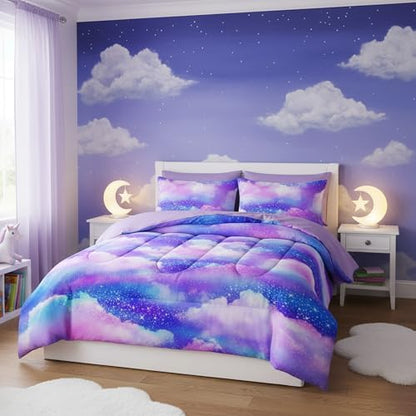 QOOMO Purple Clouds 7 Pieces Comforter Set Full Size,Galaxy Bedding Set