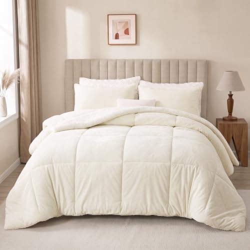 Fluffy Sherpa California King Comforter Set, Thick Bedding Set 3PC, Cream