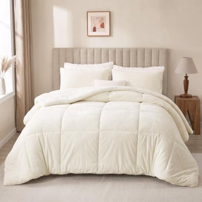 Fluffy Sherpa California King Comforter Set, Thick Bedding Set 3PC, Cream