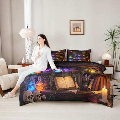 Erosebridal Retro Bookshelf Skull 7 Piece Bedding Set King Gothic Library Book Comforter Set with Sheets Retro Wizard Potion Bed in a Bag Halloween Plants Bed Sets Comforter