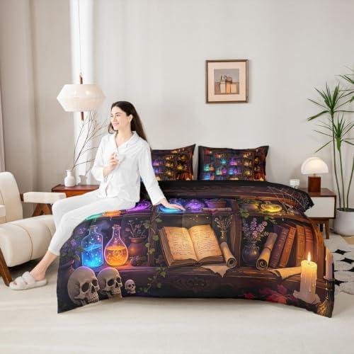 Erosebridal Retro Bookshelf Skull 7 Piece Bedding Set Twin Gothic Library Book Comforter Set with Sheets Retro Wizard Potion Bed in a Bag Halloween Plants Bed Sets Comforter