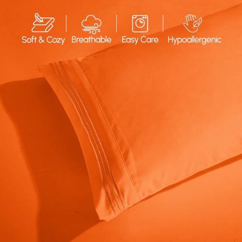 Elegant Comfort Luxurious 1500 Premium Hotel Quality Microfiber Three Line Embroidered Softest 4-Piece Bed Sheet Set, Wrinkle and Fade Resistant, California King, Orange
