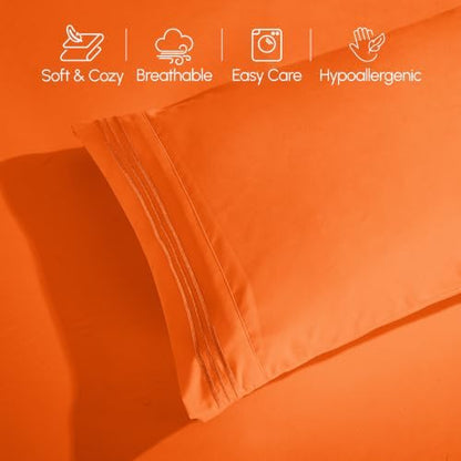 Elegant Comfort Luxurious 1500 Premium Hotel Quality Microfiber Three Line Embroidered Softest 4-Piece Bed Sheet Set, Wrinkle and Fade Resistant, California King, Orange