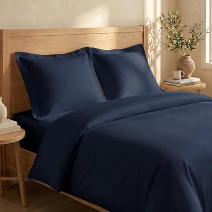 BIOWEAVES 100% Organic Cotton King Duvet Cover Set, 3-Piece, 300 Thread Count Sateen Weave GOTS Certified Comforter Cover with Buttoned Closure and 2 Pillow Shams – Navy Blue, 104x90 inches