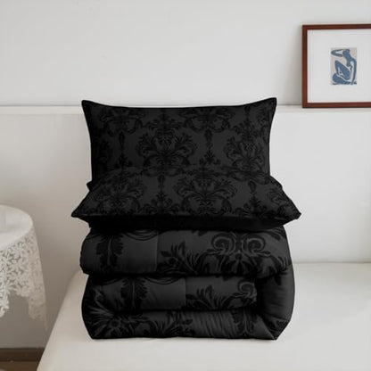 Manfei Black Damask Comforter Set Toddler Size, Gothic Vintage Damask Floral Bedding Set 2pcs, Antique Victorian Baroque Down Comforter for All Season, Woman Adults Room Decor, 1 Pillowcase, No Sheets