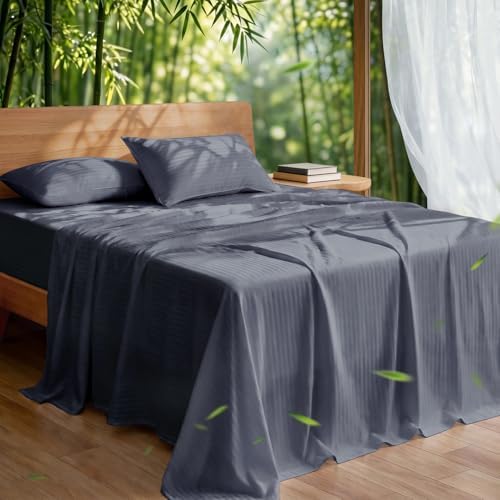 Cooling Sheets Set King Size, Viscose Derived from Bamboo for Hot Sleepers, Double Stitching, Deep Pocket to 16 Inch, Silky Soft and Breathable Bedding, 4PC (King, Jacquard Dark Grey)