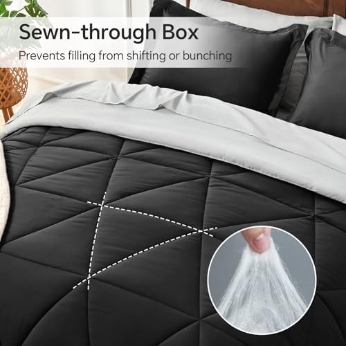 BEDELITE Queen Comforter Set 7 Pieces Bed in A Bag - Soft Microfiber Reversible Black Bed Set with Comforters, Sheets, Pillowcases & Shams, Cozy Luxury Bedding Sets for All Season (Pack of 2)