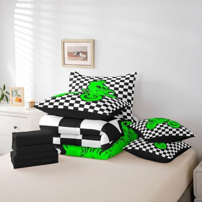 Feelyou Neon Green Motocross Comforter Set Full 7 Pieces Checkered Flag Bedding Set for Boys Girls Sporty Rider Bed in a Bag Off-Road Racing Room Decor Dirt Bike Quilted Breathable Soft Lightweight