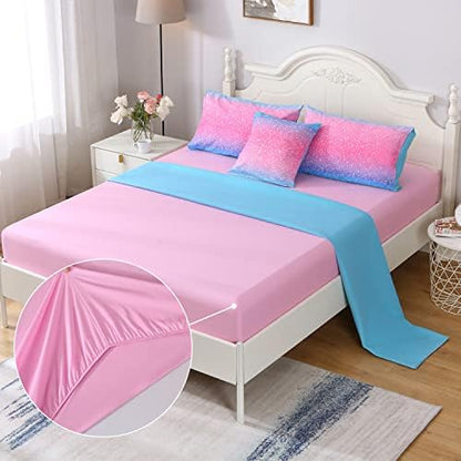 JQinHome Glitter Comforter Set Queen Size, 6 Piece Bed in A Bag 3D Colorful Duvet Pink Blue Bedding Set for Girls Women (1 Comforter,2 Pillowcases,1 Flat Sheet,1 Fitted Sheet,1 Cushion Cover)