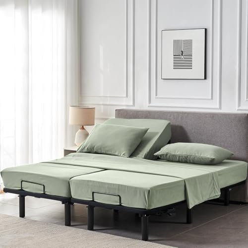 Kingnex Split Queen Sheets for Adjustable Bed Soft 1800 Microfiber 5 Pieces Include 2 30x80 Fitted Sheets 1 Flat Sheet 2 Queen Size Pillowcases Sage