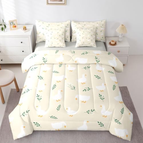 Erosebridal Cute Silly Goose Bedding Set Queen Cartoon Ducks Comforter Set with Flat and Fitted Sheet for Kids Boys Girls Kawaii Floral Animals 7-Piece Bed in a Bag Beige Farmhouse Animal Quilt Sets