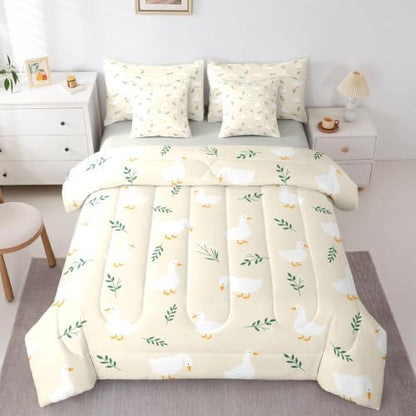 Erosebridal Cute Silly Goose 7-Piece Bed in a Bag Cartoon Ducks Bedding Set Full Size for Kids Boys Girls Kawaii Floral Animals Comforter Set with Sheets Beige Farmhouse Animal Duvet Insert