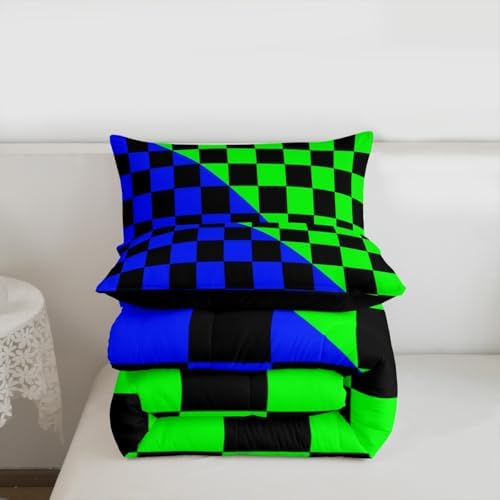 Feelyou Checkered Retro Comforter Set All Season Modern Geometric Cute Bedding Set with 1 Pillow Cases Blue Green Kids Toddler Bedclothes Vintage Simple Groovy Aesthetic Bedroom Decor Duvet Quilt