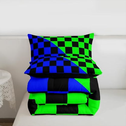 Feelyou Checkered Retro Comforter Set All Season Modern Geometric Cute Bedding Set with 1 Pillow Cases Blue Green Kids Toddler Bedclothes Vintage Simple Groovy Aesthetic Bedroom Decor Duvet Quilt