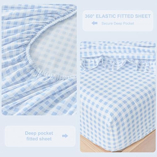 Gingham Queen Sheet Set, Lightweight Super Soft Brushed Microfiber Plaid Bed Sheets with 16" Deep Pocket, 4 Piece Ruffle Farmhouse Bedroom Decor, Light Blue