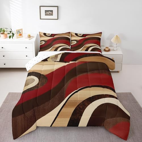 Feelyou Red Burgundy Brown Bedding Set King Size Geometric Comforter Set for Kids Boys Girls Decor Stripes Comforter Microfiber Modern Abstract Duvet Set Bedroom Quilt Set