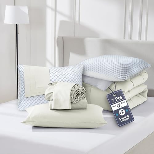 Nestl 9 Piece California King Comforter Set – Off White Reversible Bed in a Bag – Complete Cal King Size Bedding Set with Sheets, Set of 2 Cooling Pillows, Pillowcases and Shams