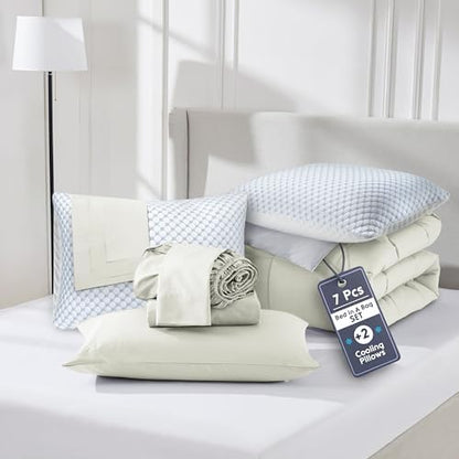 Nestl 9 Piece California King Comforter Set – Off White Reversible Bed in a Bag – Complete Cal King Size Bedding Set with Sheets, Set of 2 Cooling Pillows, Pillowcases and Shams