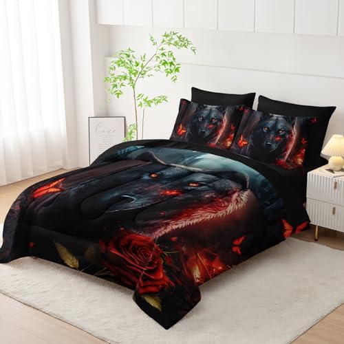 AILONEN Boys Wolf Comforter Set Queen,7-Piece Black Wolf Bed in a Bag Printed Bedding Set,Soft Comforter & Fitted Sheet & Flat Sheet & 2 Pillowcases,2 Pillow Shams