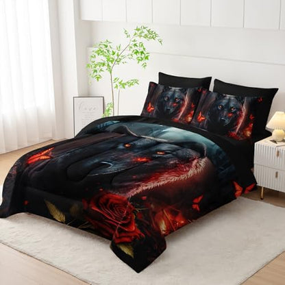 AILONEN Boys Wolf Comforter Set Queen,7-Piece Black Wolf Bed in a Bag Printed Bedding Set,Soft Comforter & Fitted Sheet & Flat Sheet & 2 Pillowcases,2 Pillow Shams