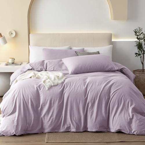 JIYUAN King Washed Cotton Duvet Cover Set, 3-Piece, Relaxed Linen Feel