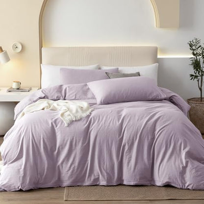 JIYUAN King Washed Cotton Duvet Cover Set, 3-Piece, Relaxed Linen Feel