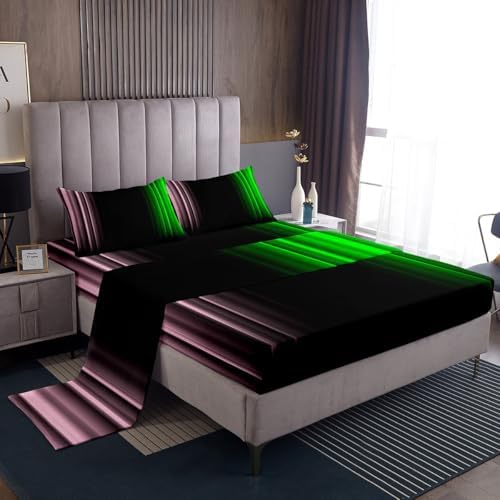 Feelyou Teens Abstract Ombre Decorations Bedding Set for Kids Women Pink Green and Black Bed Sheets Set Geometric Modern Fitted Sheet Sets Room 4Pcs Full Size
