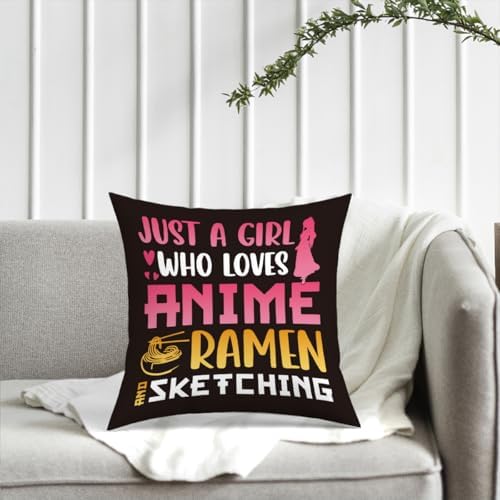 Anime Decor, Just a Girl Who Loves Anime Ramen Anime Room Decorative Throw Pillow Covers, Girls Anime Gifts Anime Lovers for Home Living Room Girl Women Bedroom Decoration Gifts Black