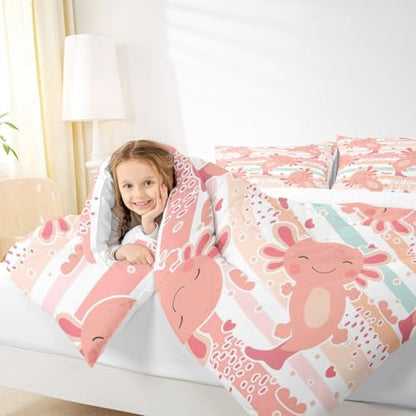 Manfei Cute Axolotl Comforter Set King Size,Rainbow Stripes Quilt Set,Animal Theme Bedding Comforters 3pcs for Kids Teens Girls Boys Room Decor,Pink Romantic Soft Duvet Set with 2 Pillowcases