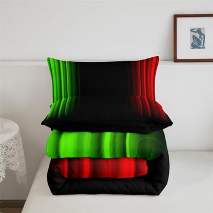 Feelyou Geometric Ombre Teens Comforter Set Kids Green Red and Black Bedding Set Decor Modern Stripes Comforter with 2 Pillowcases 3Pcs Bedding King