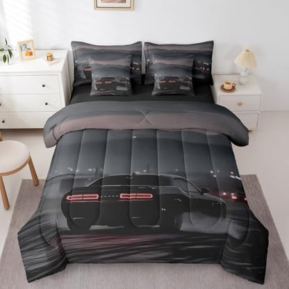 Erosebridal Cool Racing Car 7 Pieces Bedding Set Twin Size,Boys Speed Car Bed in a Bag,Extreme Sports Bed Set Includes Comforter,Sheet Set,Pillowcases & Pillow Covers,Black Race Cars Bedroom Decor